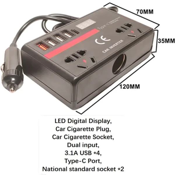 Sleek 150W Travel Inverter for Cars – Dual DC Input, Black Finish with LED Voltage Display, Converts to AC 110V | Congsin UrbanDrive - Image 4