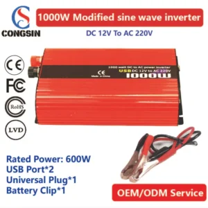 Congsin 1000W Off-Grid Power Inverter – DC 12V to AC 110V with Battery Clip & LCD Screen for Camping, Field Tools & Mobile Charging