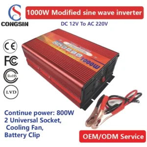 Congsin 1000W Red Casing Modified Sine Inverter – DC 12V to AC 110V for Home Backup, Basic Solar Kits & Portable Off-Grid Use