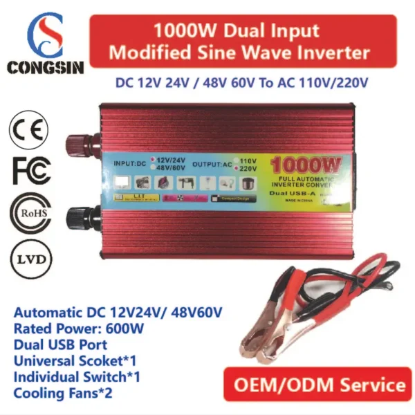 1000W New-Gen Off-Grid Inverter – Durable Build, Dual DC Input (12V–60V), AC 110V Output for Hybrid Power Applications | Congsin FieldCore