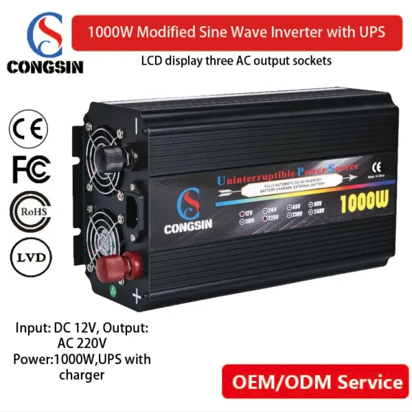 Congsin 1000W Modified Sine UPS Inverter with Integrated Charger – 12V DC to 110V AC for Home Electronics, CE Certified & OEM Ready