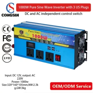 Congsin 1000W Pure Sine Wave Inverter – 12V DC to 110V AC Power for Home Backup, Solar Kits & OEM/ODM Solutions
