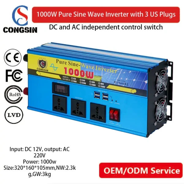 Congsin 1000W Pure Sine Wave Inverter – 12V DC to 110V AC Power for Home Backup, Solar Kits & OEM/ODM Solutions