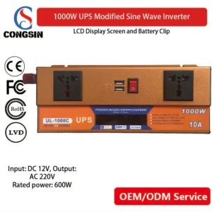 Congsin 1000W UPS Inverter with LCD Display, Dual Outlets, USB Ports & Battery Clip – Ideal for Off-Grid Charging & Home Backup