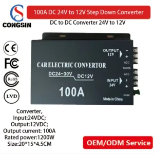 Congsin 100A DC-DC Converter – 1200W High-Power 24V to 12V Regulator with Dual Fan Cooling