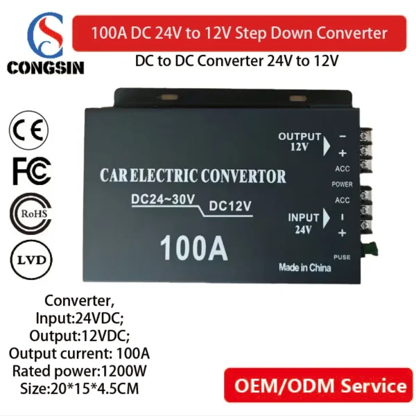 Congsin 100A DC-DC Converter – 1200W High-Power 24V to 12V Regulator with Dual Fan Cooling