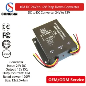 Congsin 10A DC Step-Down Converter – 24V to 12V 120W Regulator with Dual Cooling Fans for Solar & Vehicle Power Systems