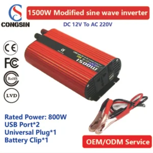 Congsin 1500W Off-Grid Inverter with Battery Clips & LCD Display – 12V DC to 110V AC for RVs, Solar Storage & Field Stations