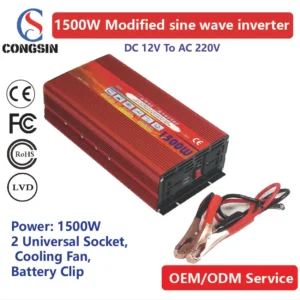 Congsin 1500W Red Modified Sine Wave Inverter – DC 12V to AC 110V for Mid-Sized Appliances, Solar Storage & Off-Grid Backup