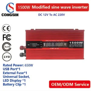 Congsin 1500W DC to AC Power Inverter – 650W Rated Output with LED Display & External Fuse for Safe Mobile or Home Backup Use