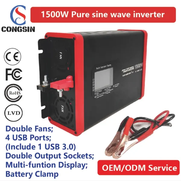 1500W Smart Display Pure Sine Inverter – Congsin Dual-Tone Casing, Laptop & CPAP Safe, for Solar RVs & Emergency Power Supply