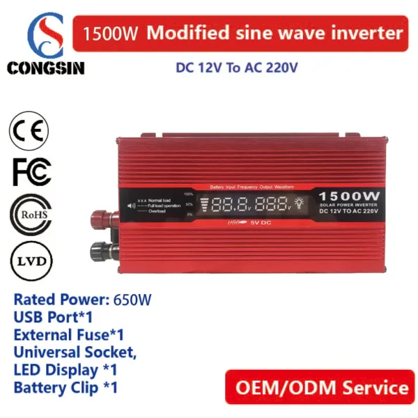 Congsin 1500W DC to AC Power Inverter – 650W Rated Output with LED Display & External Fuse for Safe Mobile or Home Backup Use