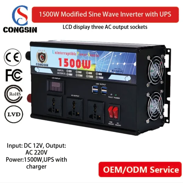 1500W UPS Power Inverter with Charger – Congsin 12V to 110V Modified Sine Wave Backup for Solar & Emergency Use (CE Approved)