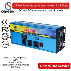 1500W Multi-Voltage Pure Sine Wave Inverter – Congsin 12V/24V/48V/60V DC Input, 110V AC Output for Solar Storage & Custom Integration
