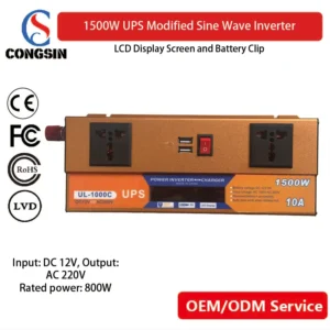 Congsin 1500W UPS-Ready Inverter – Dual AC Sockets, USB Ports, LCD & Battery Clips for RVs, Field Kits & Mobile Power Stations