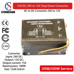 Efficient 15A DC-DC Power Converter – 24V to 12V Voltage Reducer with Dual Cooling Fans & Overload Protection
