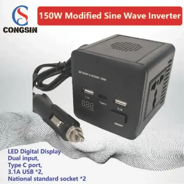 Power Up Anywhere with This 150W Dual Input Car Inverter – Lightweight, Type-C Enabled, DC 12V/24V to AC 110V | Congsin TravelMate