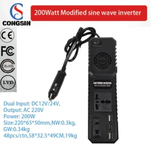 200W Road-Ready Car Power Inverter – Dual 12V/24V Input, Switch Controlled, Compact Design for On-the-Go AC 110V | Congsin SmartLine