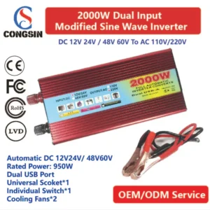 Congsin 2000W Dual Input DC to AC Inverter – 12V/24V/48V/60V Compatible, 950W Continuous Output for Tools & Backup Lighting