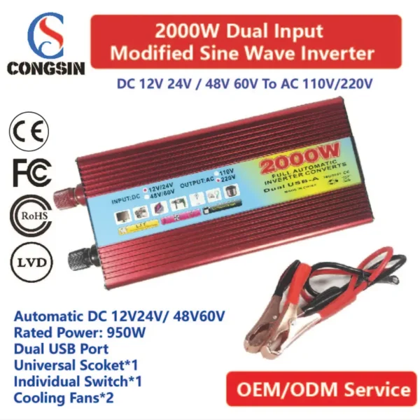 Congsin 2000W Dual Input DC to AC Inverter – 12V/24V/48V/60V Compatible, 950W Continuous Output for Tools & Backup Lighting