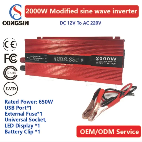 2000W DC 12V to AC 110V Inverter – Congsin Off-Grid Power Unit with LED Display, External Fuse & 850W Continuous Output