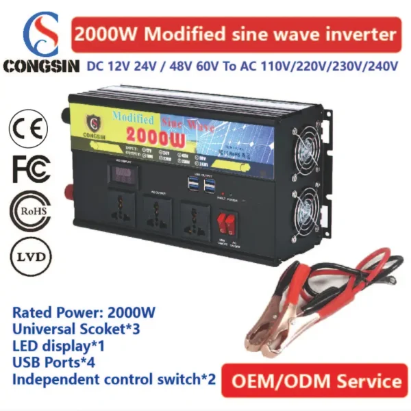 Congsin 2000W Modified Sine Wave Inverter – LED Display, Built for Continuous Loads in Vehicle-Mounted & Off-Grid Jobsite Power