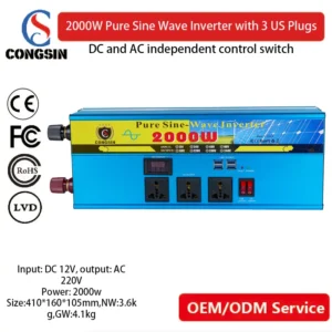 2000W Pure Sine Wave Inverter by Congsin – Wide Voltage Input (12V/24V/48V/60V), 110V AC Output for Solar Systems, Emergency Backup & OEM Projects