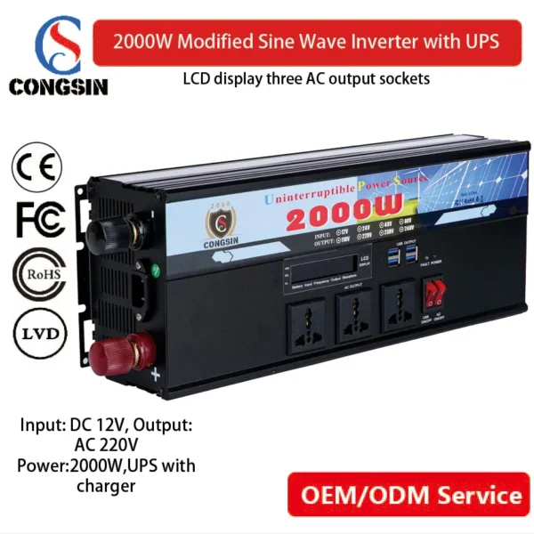 Congsin 2000W UPS Inverter – Built-in Charger, 12V to 110V AC Conversion for Off-Grid Homes & Small Business Power | CE & OEM Certified