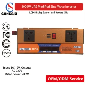 2000W Modified Sine Wave Inverter by Congsin – LCD Display, Battery Clip & Dual Universal Ports for Off-Grid Kits & Mobile Energy Hubs
