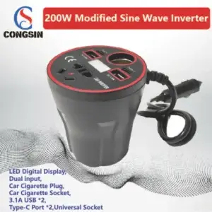 Smart Dual USB Car Power Inverter – 200W, Dual 12V/24V Input, LED Display & 110V Output for On-the-Go Charging | Congsin VoltMaster