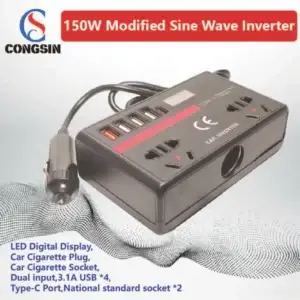 Sleek 150W Travel Inverter for Cars – Dual DC Input, Black Finish with LED Voltage Display, Converts to AC 110V | Congsin UrbanDrive