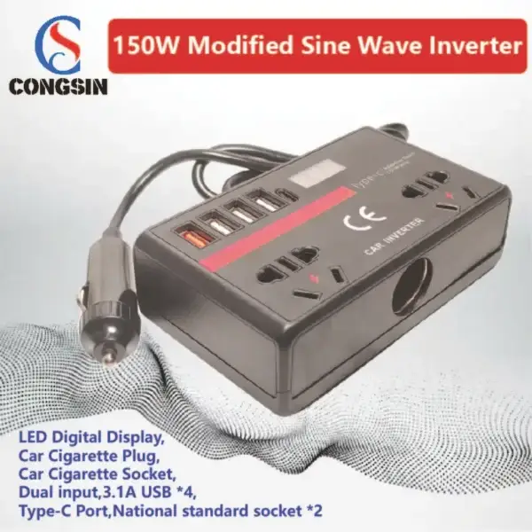 Sleek 150W Travel Inverter for Cars – Dual DC Input, Black Finish with LED Voltage Display, Converts to AC 110V | Congsin UrbanDrive