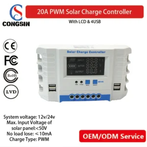 Congsin 20A PWM Solar Charge Controller with LCD Display & USB Outputs – 12V/24V Auto-Recognition for RVs, Cabins & Boat Solar Kits