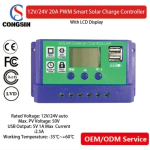 20A PWM Solar Panel Controller | Congsin 12V/24V Auto Detection for Off-Grid Kits & Mobile Energy