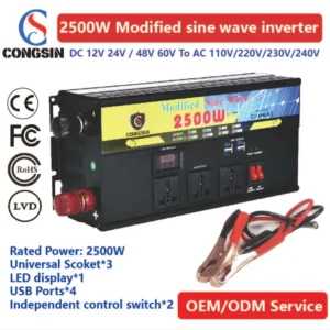 2500W Field-Grade Power Inverter by Congsin – Modified Sine Wave, LED Screen, DC to AC 110V for Solar & High-Output Battery Systems