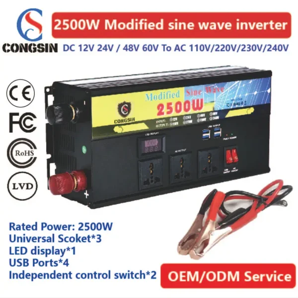 2500W Field-Grade Power Inverter by Congsin – Modified Sine Wave, LED Screen, DC to AC 110V for Solar & High-Output Battery Systems