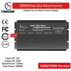 3000W Compact Pure Sine Inverter – Congsin 12V to 110V with USB 3.0, Dual Fans & Reliable AC for RVs, Home Backup & Solar Use
