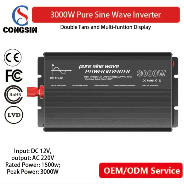 3000W Compact Pure Sine Inverter – Congsin 12V to 110V with USB 3.0, Dual Fans & Reliable AC for RVs, Home Backup & Solar Use
