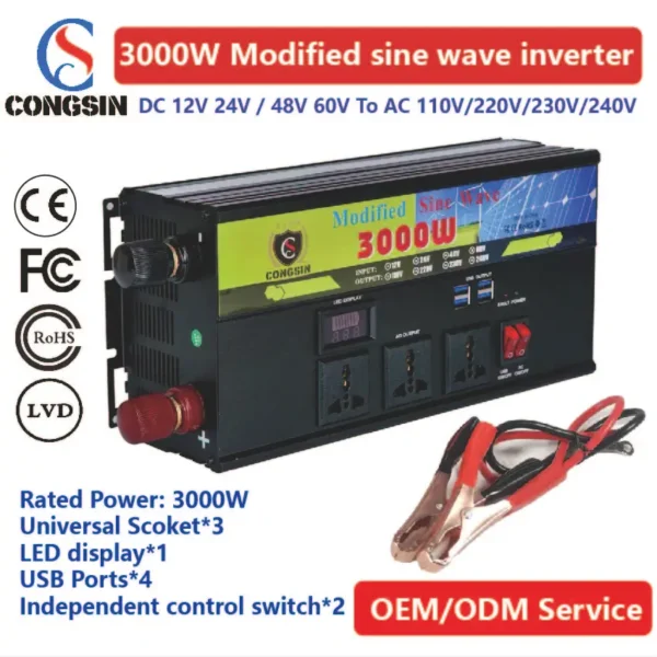 Industrial 3000W DC to AC Inverter – Congsin Modified Sine Wave Unit for Off-Grid Infrastructure, Mobile Workshops & Power Tools