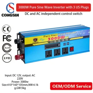 Congsin 3000W Pure Sine Wave Inverter – 12V/24V/48V/60V DC to 110V AC Pure Sine Output for Whole-Home Backup & Off-Grid Solar OEM Solutions
