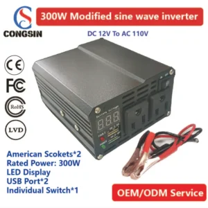 300W Modified Sine Wave Inverter with Dual US Sockets – 12V DC to AC 110V Car Converter for Laptops & Appliances | Congsin HeatGuard Series