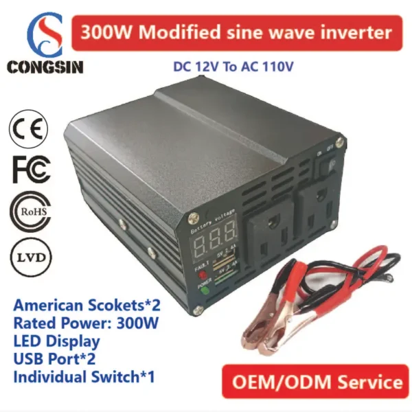 300W Modified Sine Wave Inverter with Dual US Sockets – 12V DC to AC 110V Car Converter for Laptops & Appliances | Congsin HeatGuard Series