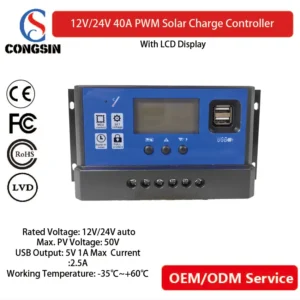 40A Off-Grid Solar Controller by Congsin | LCD Display + USB Outputs for Cabin, Marine, and RV Use