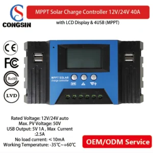 Off-Grid Solar Charge Controller – Congsin 40A PWM with Display & USB for RVs, Trailers & Cabins
