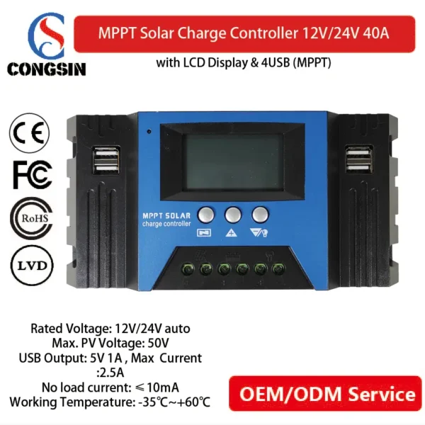 Off-Grid Solar Charge Controller – Congsin 40A PWM with Display & USB for RVs, Trailers & Cabins