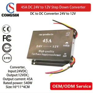 Congsin 45A DC to DC Converter – 24V to 12V Step-Down Power Module with Dual Fans for Vehicle & Solar Use