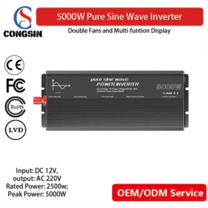 5000W Pure Sine Inverter with Dual Fans & USB 3.0 – Congsin 12V DC to 110V AC for Construction Tools, RV Systems & Emergency Energy Use