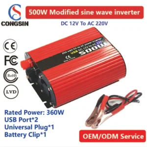 500W Portable DC to AC Power Inverter – Congsin 12V Battery Clip Model with LCD Display for Outdoor & Emergency Use