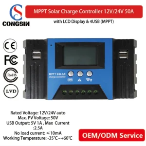 Congsin 50A Solar Controller – Smart LCD Display, Auto 12V/24V & Dual USB for RV & Battery Maintenance