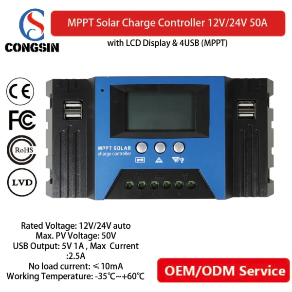 Congsin 50A Solar Controller – Smart LCD Display, Auto 12V/24V & Dual USB for RV & Battery Maintenance